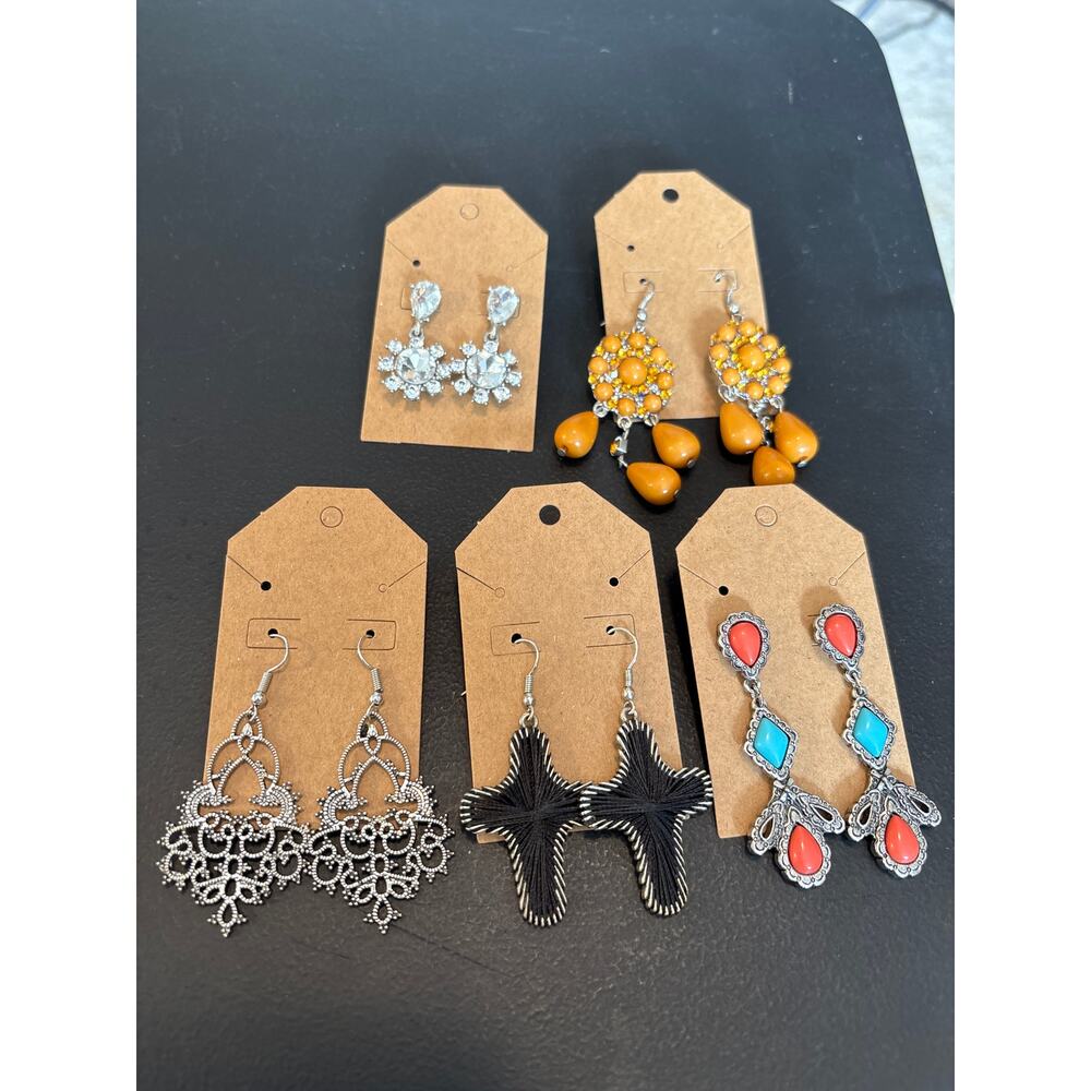 Mixed Lot Modern Retro Dangle Earrings Cross Rhinestone 5 Pairs Silvertone